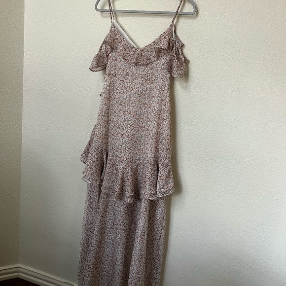 FLORET STUDIOS | Cold Shoulder Asymmetric Ruffle Dress In Rust-Cream | Size XS - Picture 6 of 10